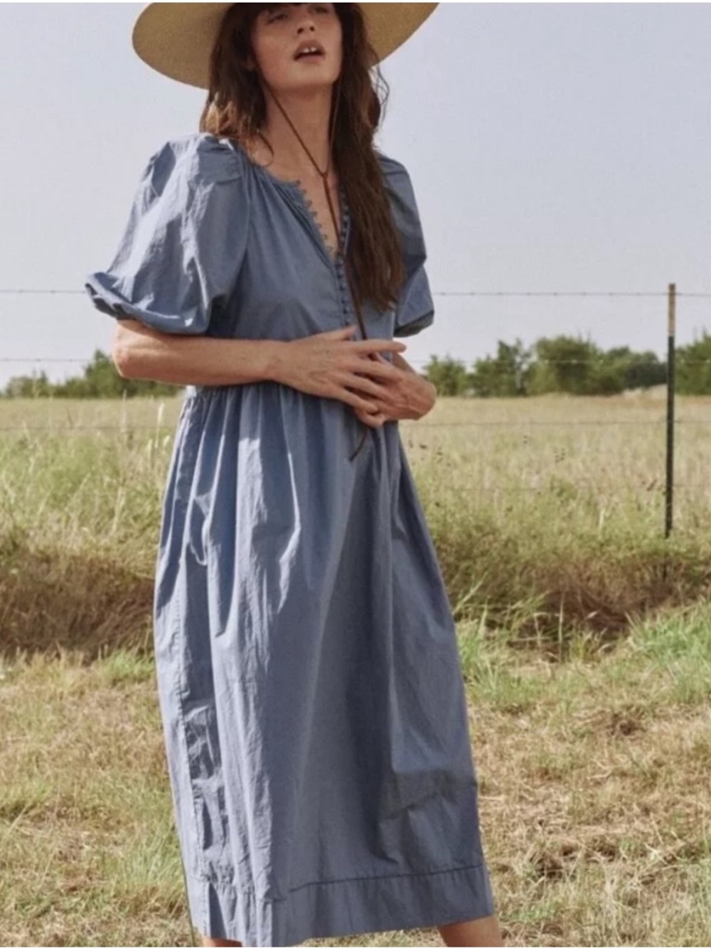 THE GREAT. The Ravine Dress Midi Dress in Grey Blue Boho Cottagecore Medium